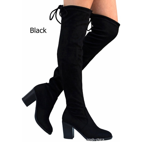 New Black Stretchy Over Knee Drawstring Heel Boots - Picture 1 of 3